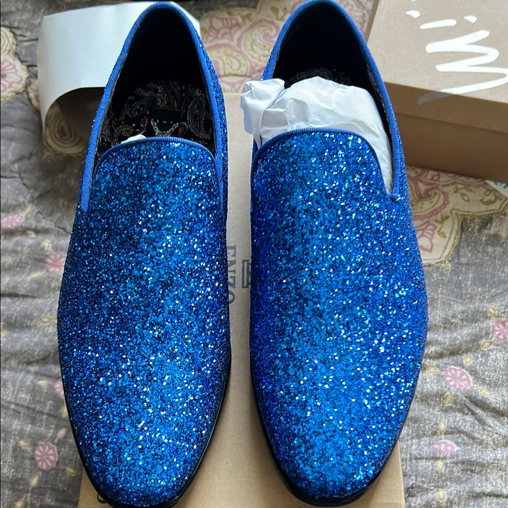 Blue Glitter Slip-On Loafers for Special Occasions